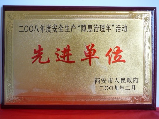 2009年2月，，被西安市人民政府评为2008年度清静生产“隐患治理年”活动先进单位